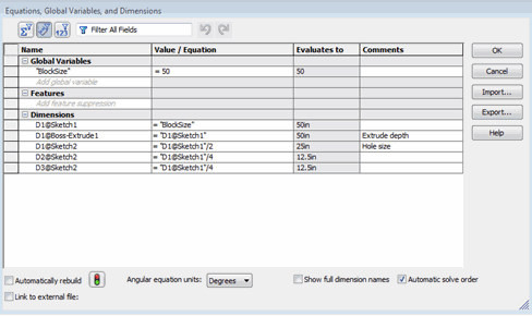 Equations dialog